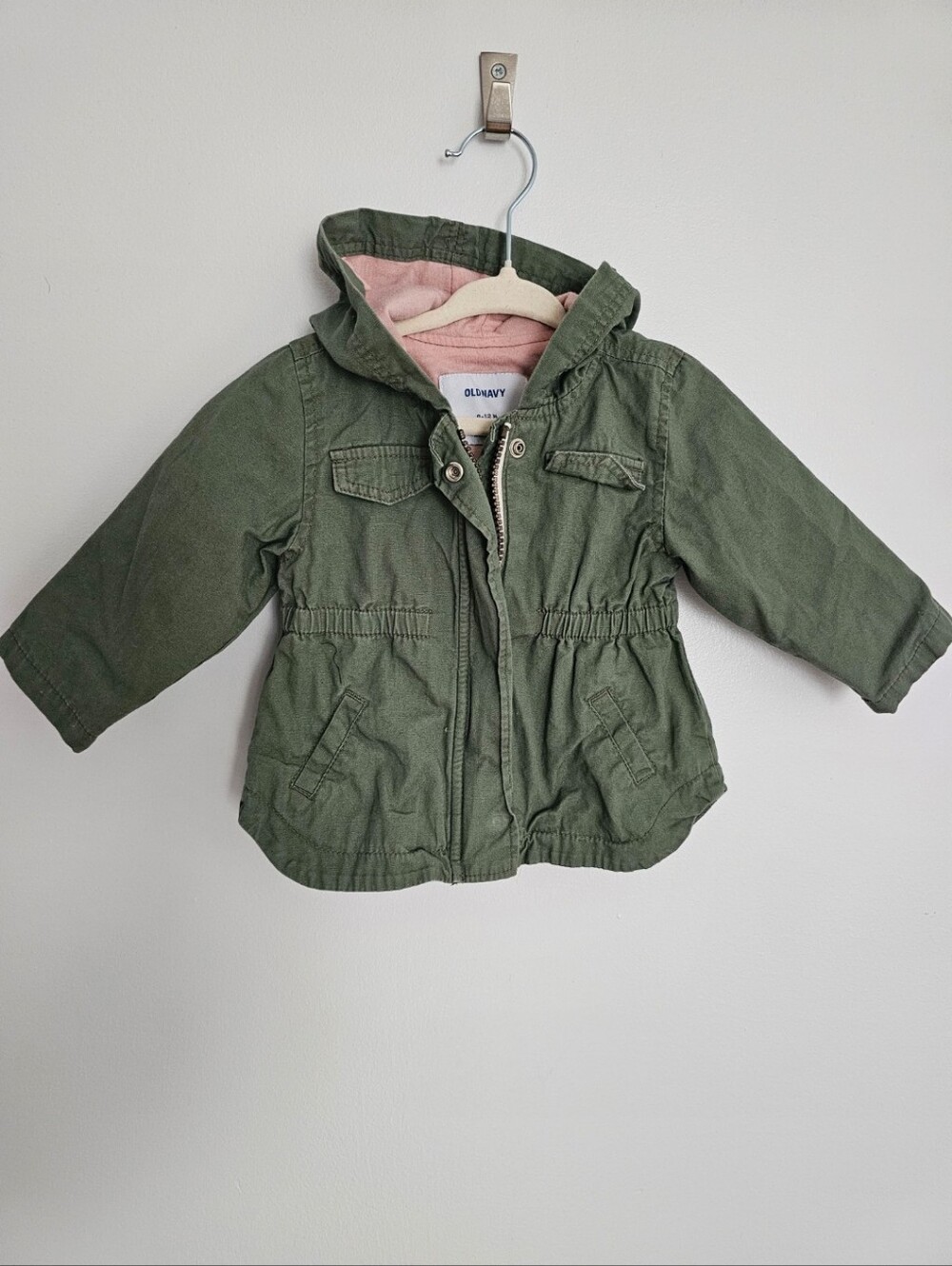 🧸2/20$ Old Navy Olive Green Hooded Utility Jacket Size 6-12M Baby Girl